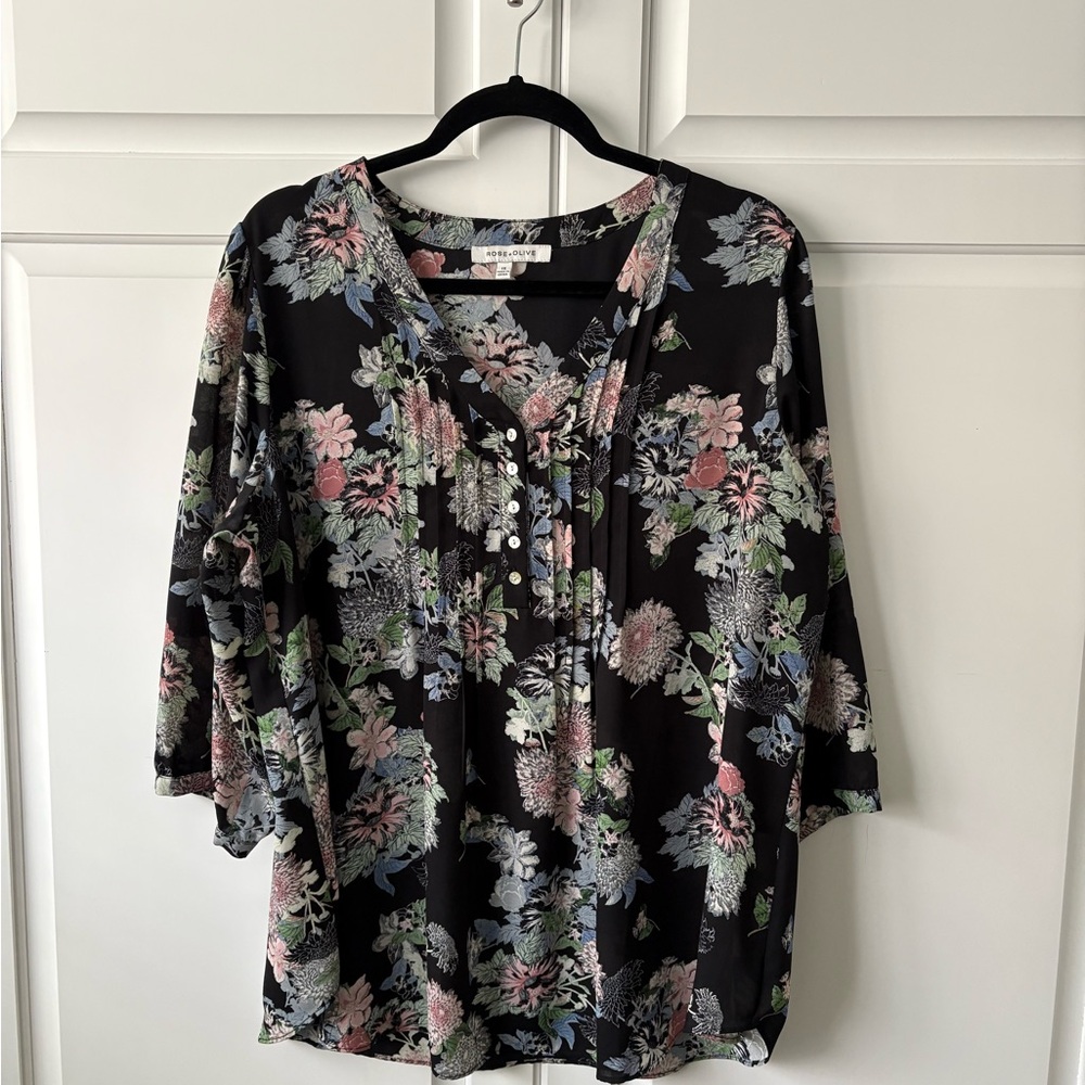 Rose & Olive Floral Blouse - Black and Multicolor